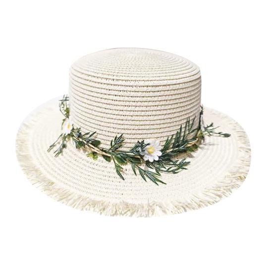 

Sun Hat Wide Brim Floppy Edges Breathable Woven Straw Hat with Chrysanthemum Garland Lightweight Summer Beach Travel Hat