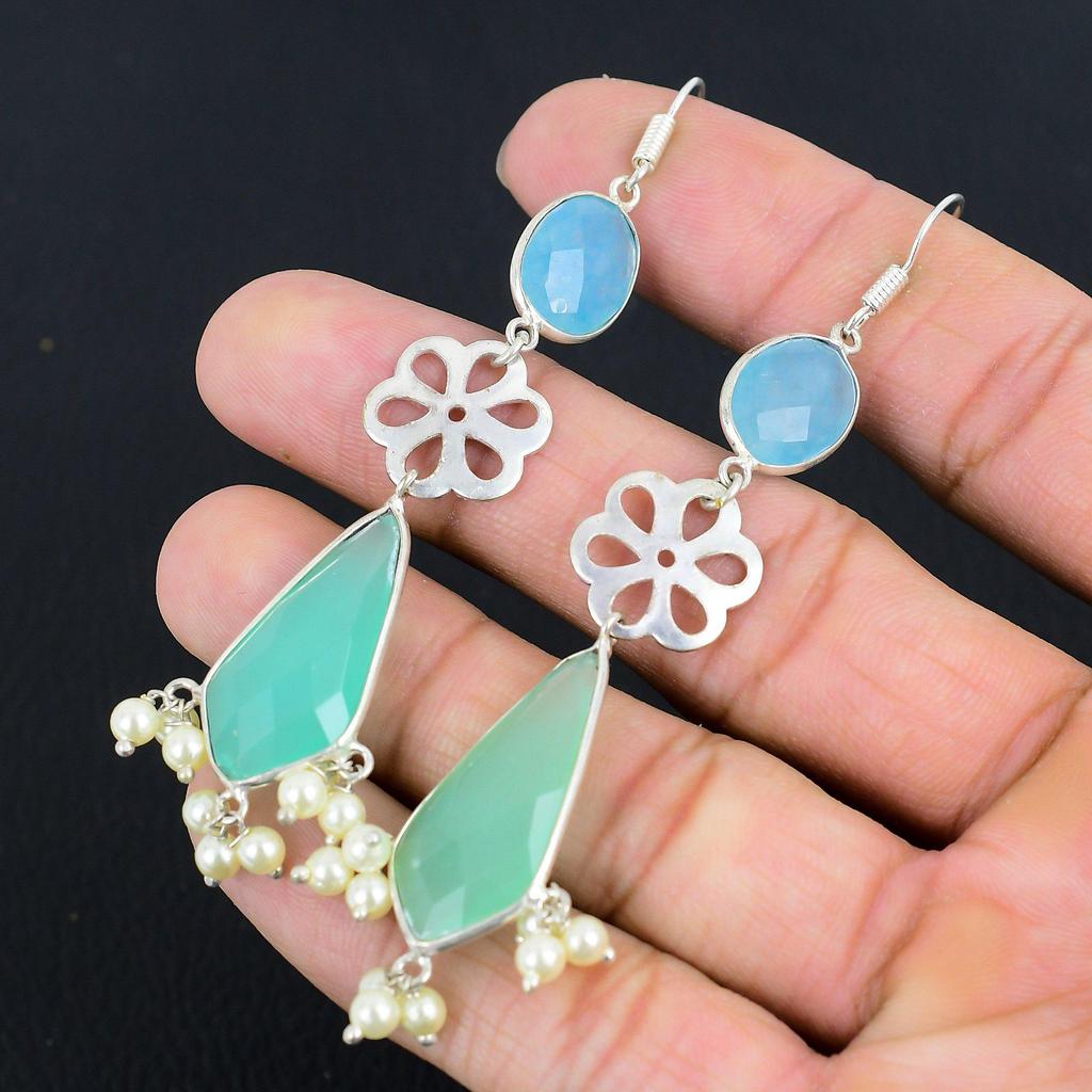 Green Chalcedony Stone 925 Silver Drop Dangle Engagement Boho Earrings Jewelry