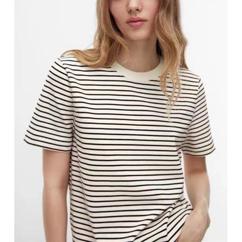 MD Spring New Arrival Standard Cotton Tee Base Shirt Tops Round Neck Stripes T-shirt Women's Short Sleeve