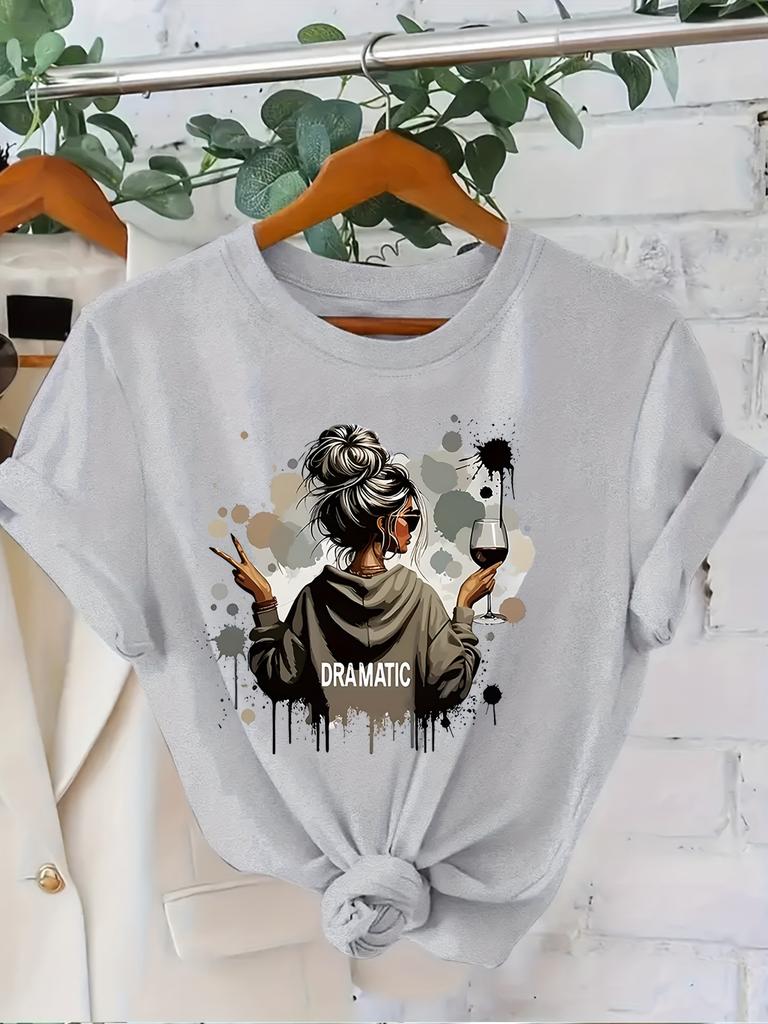 Women'sT-Shirt Dramatic Woman with Wine Glass Art Print Casual Everyday  Formal Outfits  Elegant Tee for Theater Events  Parties