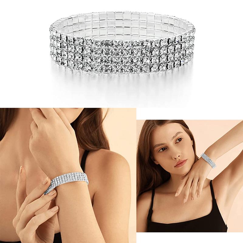 Wedding Elastic Rhinestone Stretch Bracelets,Twinkle Diamond Tennis Bangle,Band Silver Crystal Sparkling Bridal Stackable Bracelet