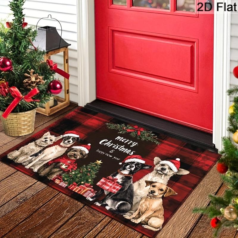 Funny Dogs Santa Hats Checkered Christmas Welcome Doormat Non Slip Washable Mat For Pet Owners Holiday Home Decor