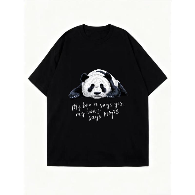 Cotton T Shirt White Panda Bear Print With Text My Heart Says Yes My Body Says Nap For Casual Wear And Everyday Style
