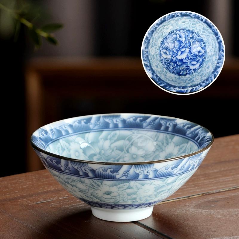 60ml Ceramic Kung Fu Tea Cup Painted Master Sipping Tea Cup Large Capacity Blue and White Bamboo Hat Tea Cup Drinking Utensils