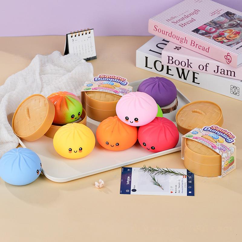 Colorful Dumpling Squishes Stress Balls Fidget Sensory Toys Simulation Food Squishies Bun With Steamer Squeeze Toy