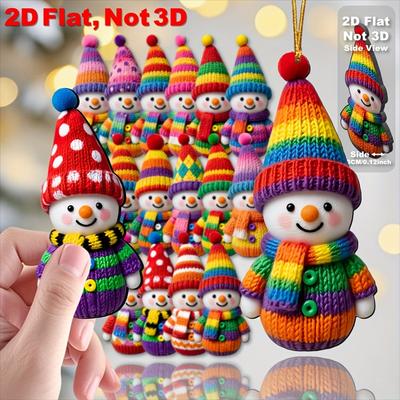 2D Flat, 16pcs Colorful -Style Snowman Wooden Ornaments - 10.01 Cm Rtificial Wood Round Tree Toppers, Pendants & Hanging Rainbow