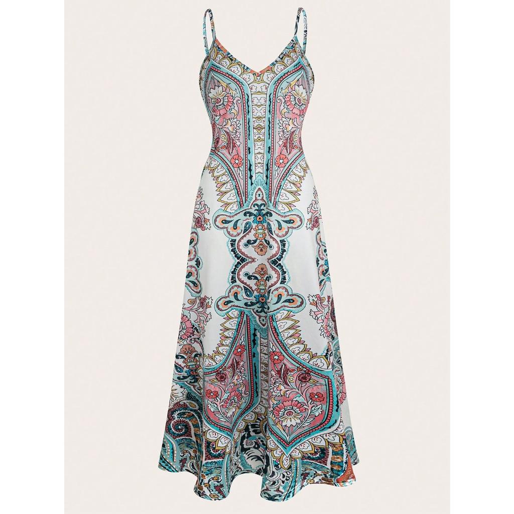 Women's V Neck Sleeveless Printed Maxi Dress High Waist Bohemian Casual Long Dress