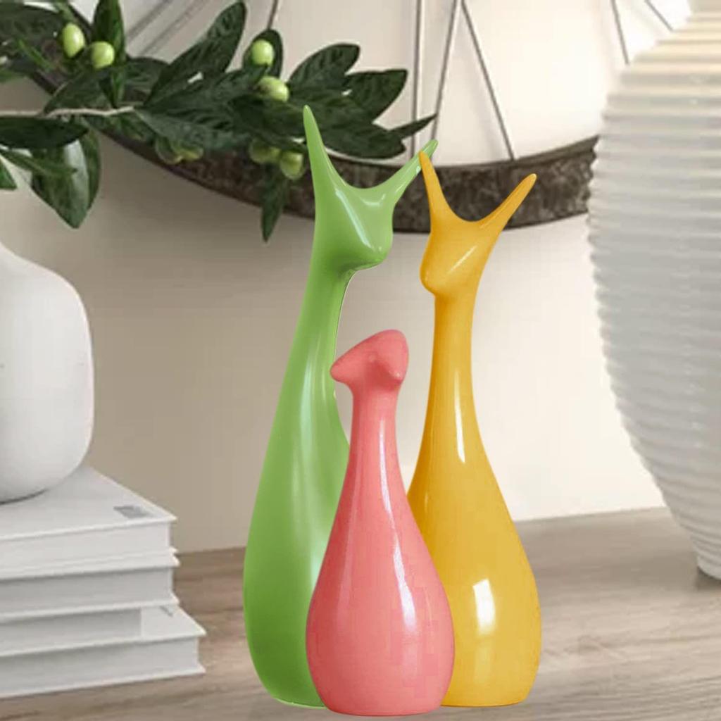 Home Décor Lucky Deer Family Set | Piano Finish Ceramic Figures - (Set of 3 Yellow, Pink, Parrot Color)