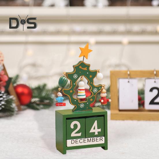Christmas Wooden Desktop Calendar Santa Snowman Reindeer Tree Perpetual Calendar Wood Display Block Ornament for Home Office Decoration