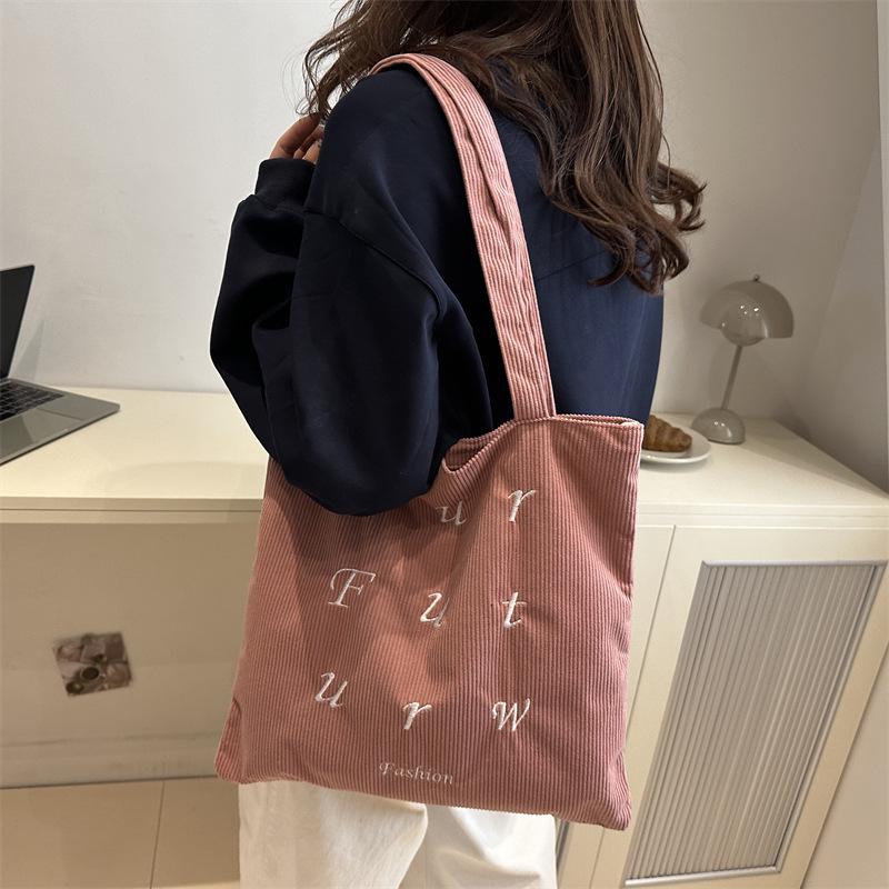Korean Corduroy Embroidered Tote Bag for Students - Artistic Autumn/Winter Design