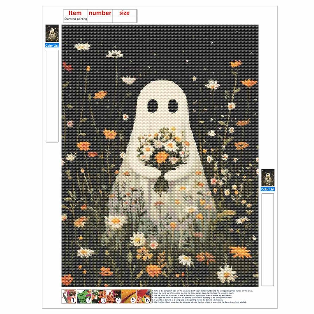 DIY Diamond Painting Kit Cute Ghost Holding Flowers Pattern 5D Full Drill Canvas Art Creative Craft Gift for Girls and Adults
