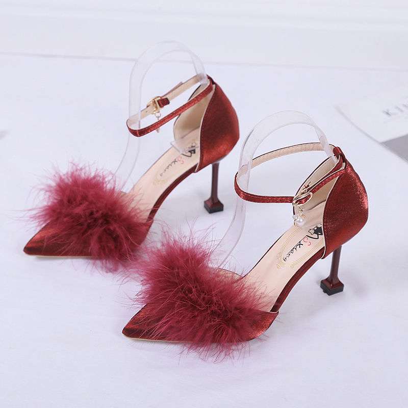 One-word Buckle Sandals Women's Spring and Summer Fringed Fluffy Shoes Pointed Cat Heel High Heels Light Mouth Medium Heel Stiletto Single Shoes