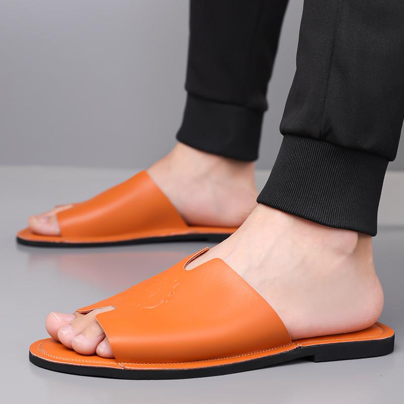 Herren Schwarz Leder Hausschuhe Handgemacht Einfache Flache Schuhe Sommer Orange Römische Sandalen Offene Zehen Strand Schuhe Übergröße