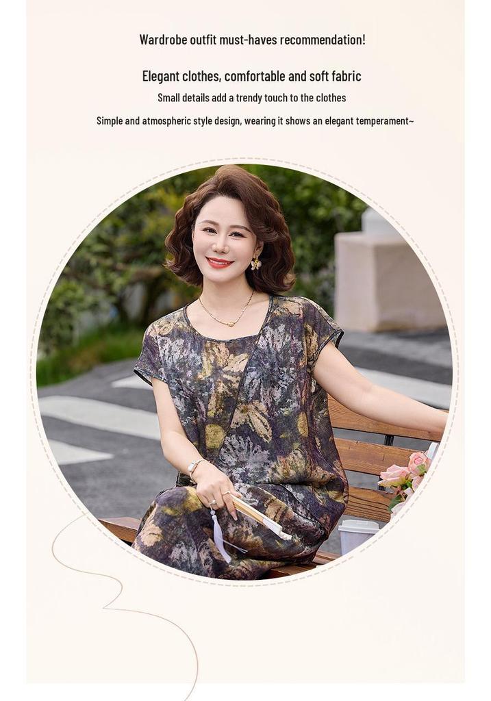 Elegant Plus Size Summer Short Sleeve Two-Piece Set for Middle-Aged Women 2026