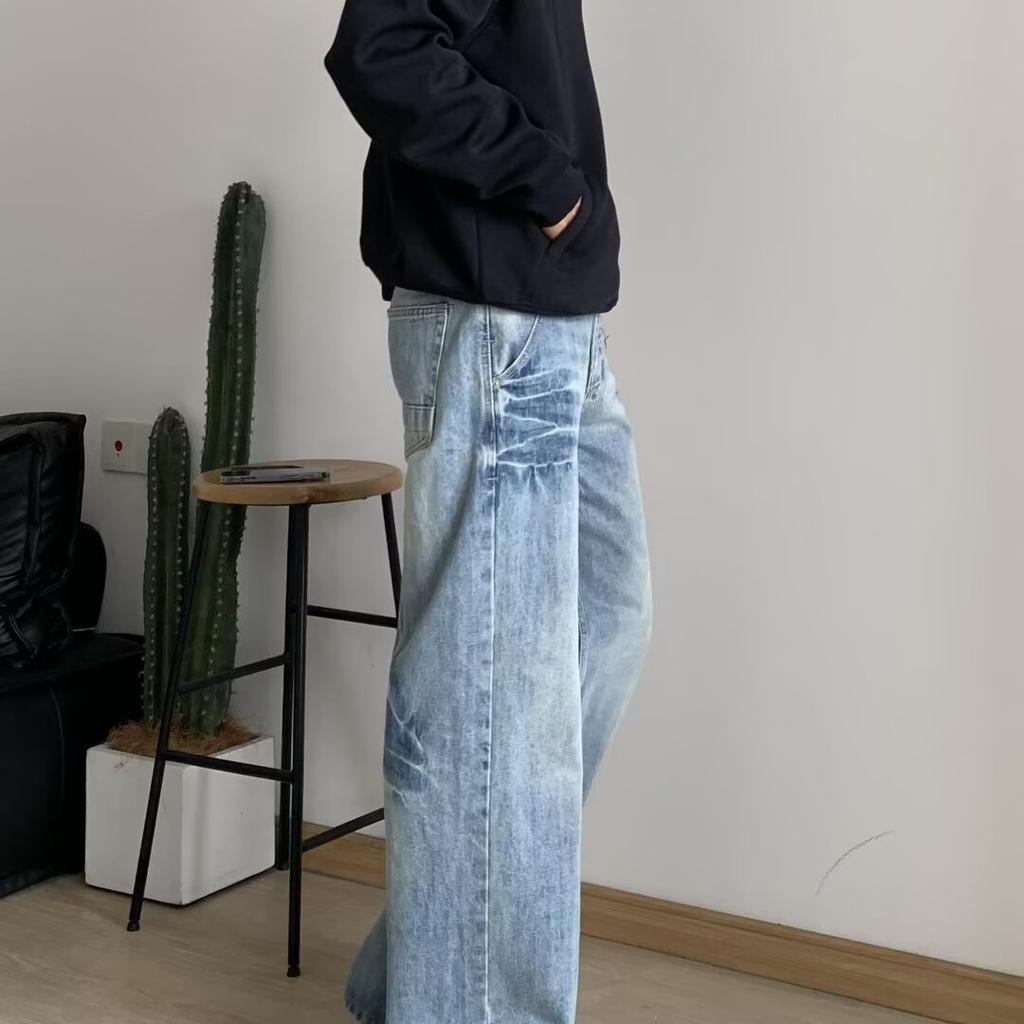 High Street Denim Pants For Men, Retro Distressed, Loose Straight Leg Pants, Wide Leg Sports Pants, Trendy