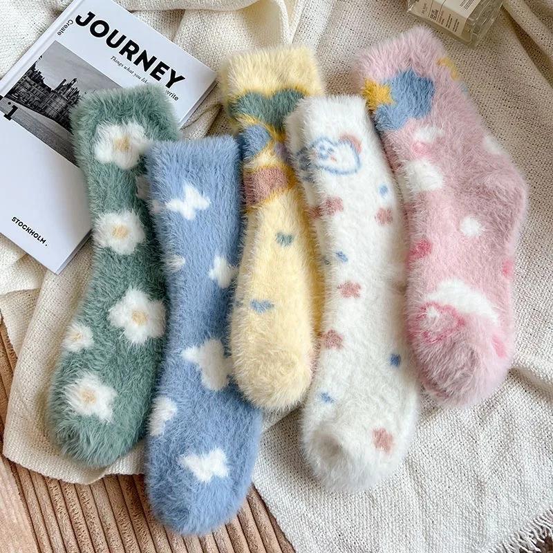 Women Cute Plush Socks Warm Winter Fluffy Mink Fleece Middle Tube Sock Butterfly Cloud Kawaii Cartoon Fuzzy Floor Sleeping Socks