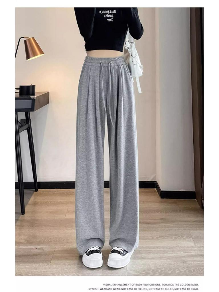 Petite Grey Glutinous Rice Style Straight Leg High Waist Pants (XS) - Women's Slim Fit, Wide Leg for Autumn/Spring