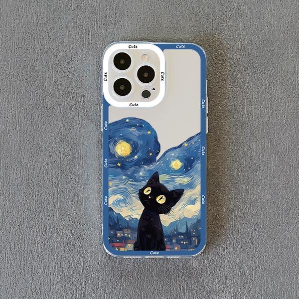 Coque de téléphone Chat Ciel Étoilé pour iPhone 13 12 Pro Max 15 14 Pro Max Plus 11 XR XS X 8 7 Plus SE 2020 Coque Arrière Souple Transparente Fundas