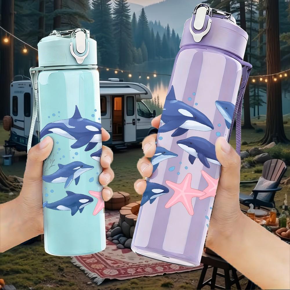 1PC Shark Group Ocean Animal Print 750ml Color Plastic Sports Water Bottle Leakproof Flip Straw Lid Suitable for Sports Office Home Use