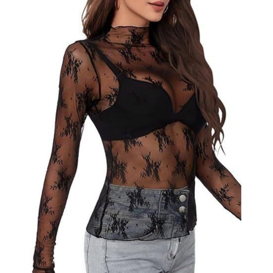 Women Tops Mock Collar Long Sleeve Slim Fit Blouses Sexy See-through Floral Embroidered Lace Mesh Shirt