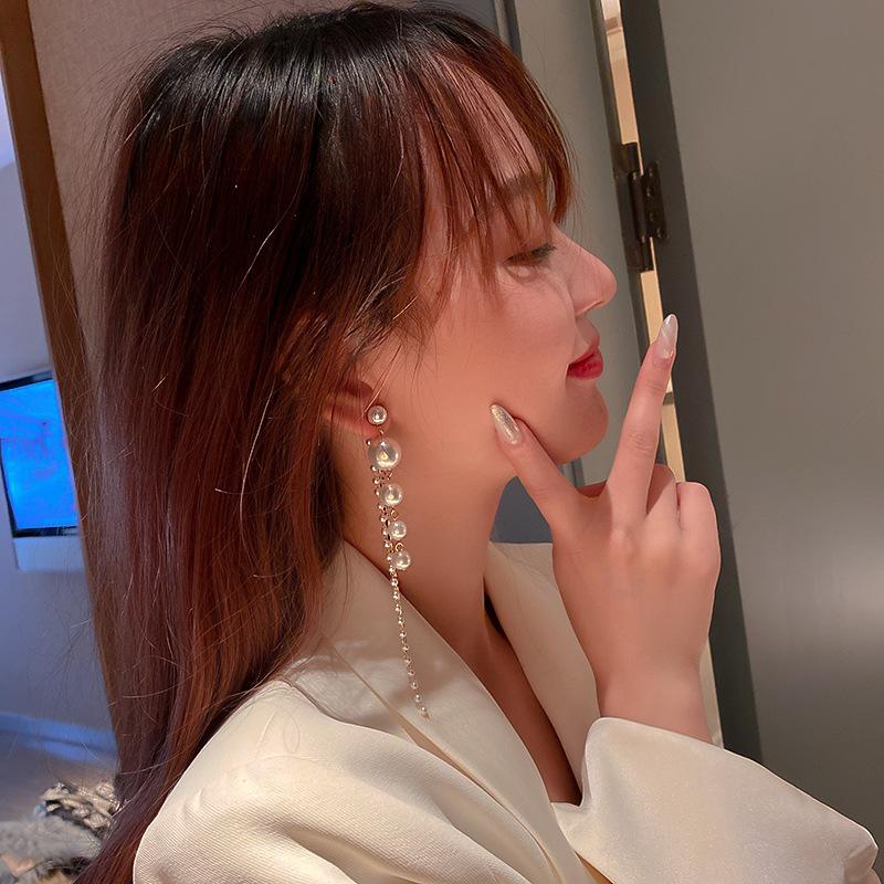 Diamond-set Imitation Pearl Fringed Silver Needle Earrings, Fashionable and Elegant Long Atmospheric Temperament Versatile Earrings