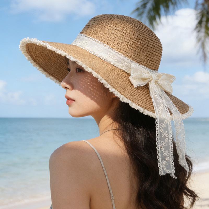 Damen-Strohhut mit Spitzen-Schleife, Sommer-Strandurlaub, Sonnenhut mit UV-Schutz