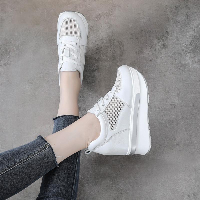 Fashion 10cm Air Mesh Genuine Leather Women Comfy Spring Fashion Chunky Sneaker Flats Ankle Boots Platform Wedge Sneakers Summer Shoes