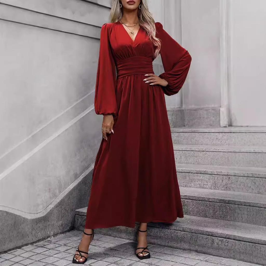 Women Dress Autumn Winter Women's Lantern Sleeve Dress Smocked Design High Slit Elegant Long Sleeve Midi Dress