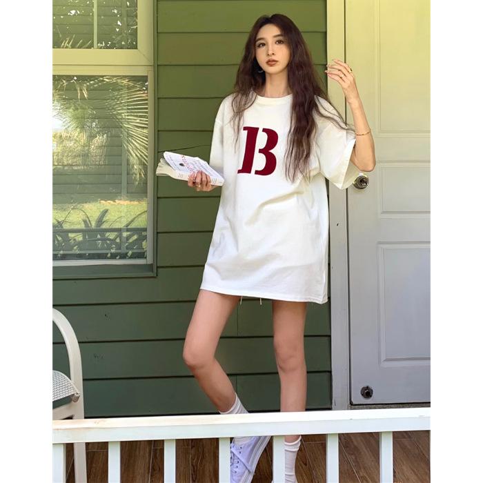 

European large version medium and long T-shirt women s butt covering large size 100kg tall extended version dress foreign style short sleeves S