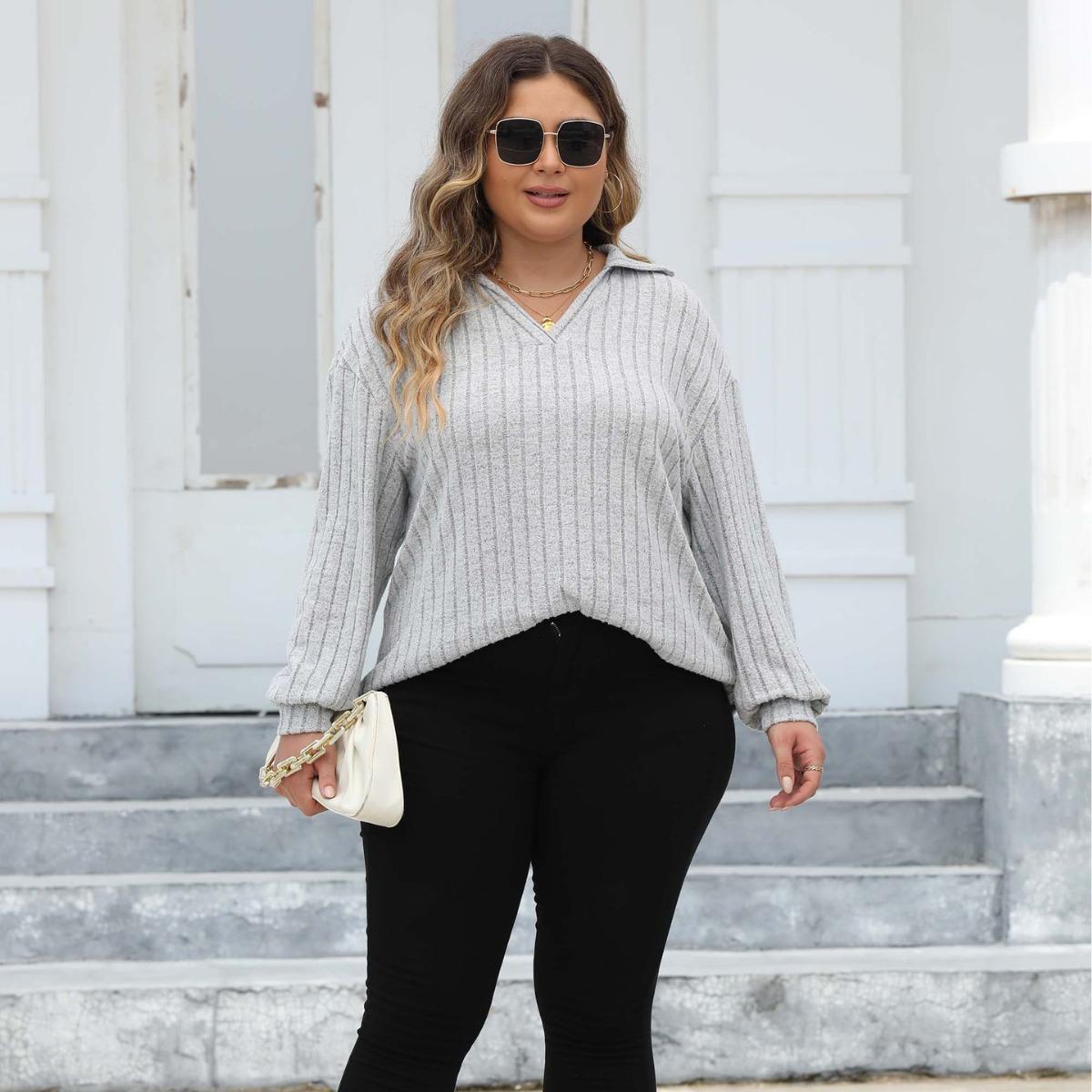 

Пуловери великих розмірів Жіночий одяг 2024 Весна-Осінь Жіночі світшоти Фабричний продаж для повних жінок Топи Жіночі футболки з довгим рукавом Оверсайз-поло 3XL світло-сірого кольору