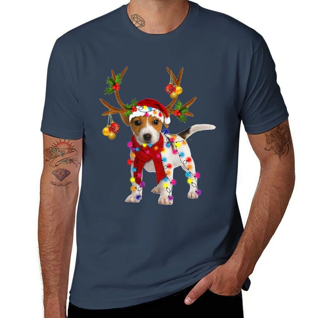 Jack russell Dog Gorgeous Reindeer Christmas Lights Tree Dog Scarf Xmas Santa Claus TShirt cotton t shirts Unisex  TShirt