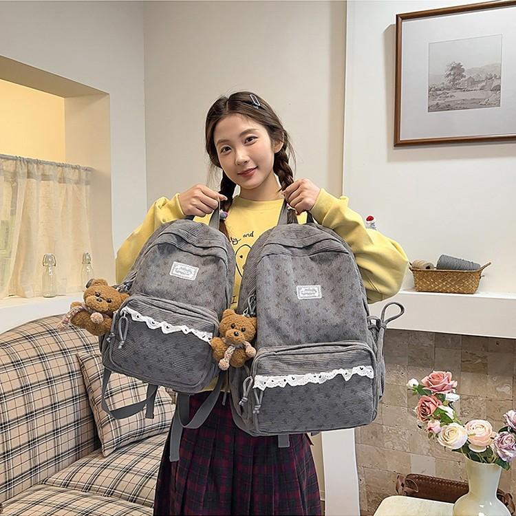 Schoolbag new schoolbag ins wind Korean female niche light class junior high school students corduroy large-capacity backpack