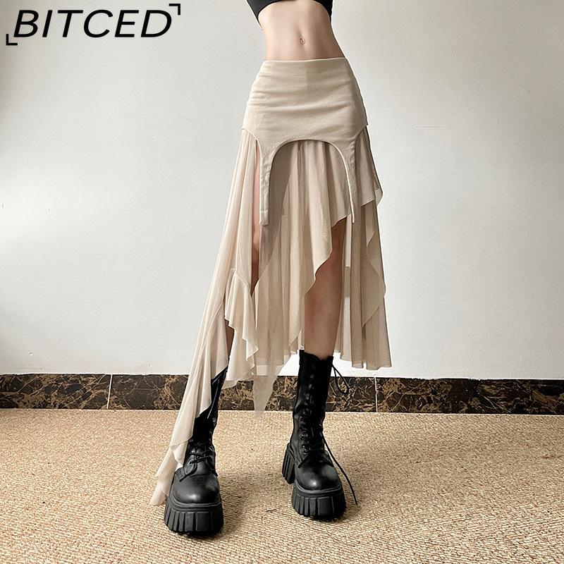BITCED Summer Women's Solid-Color Slim-Fit Streetwear High-Waisted Asymmetric Skirt