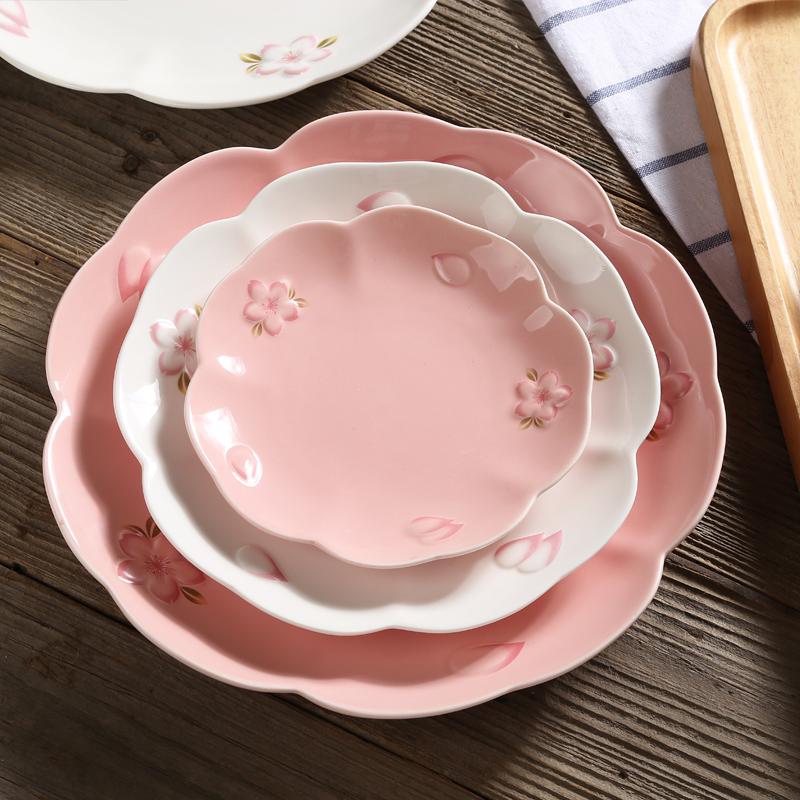 Japanese white embossment plate, steak plate, home dining plate, fruit and pastry plate, cherry blossom ceramic round plate