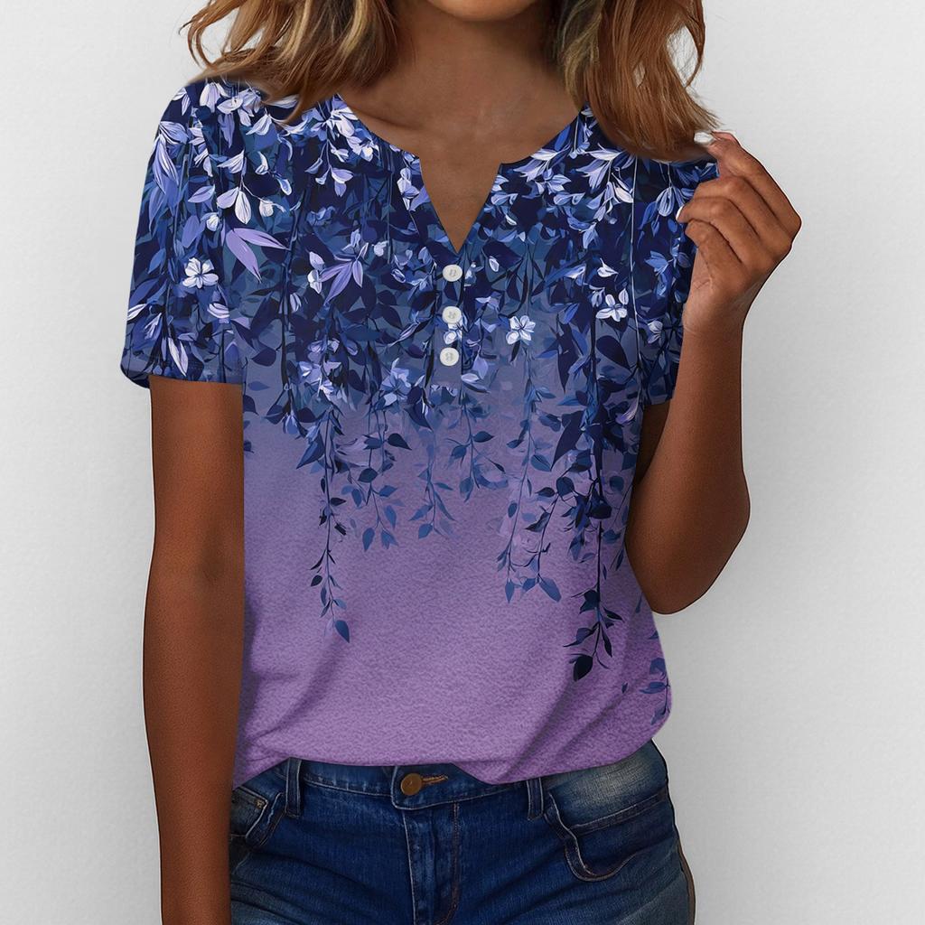 Women’s Short Sleeve V Neck Blouse with Button Floral Print Casual Loose Fit Lightweight Top Shirt