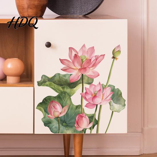 Lotus Leaf Decals Flower Toilet Sticker Peel and Stick Bathroom Decor Decal Removable Waterproof Lid Wall Sticker Water Resistant
