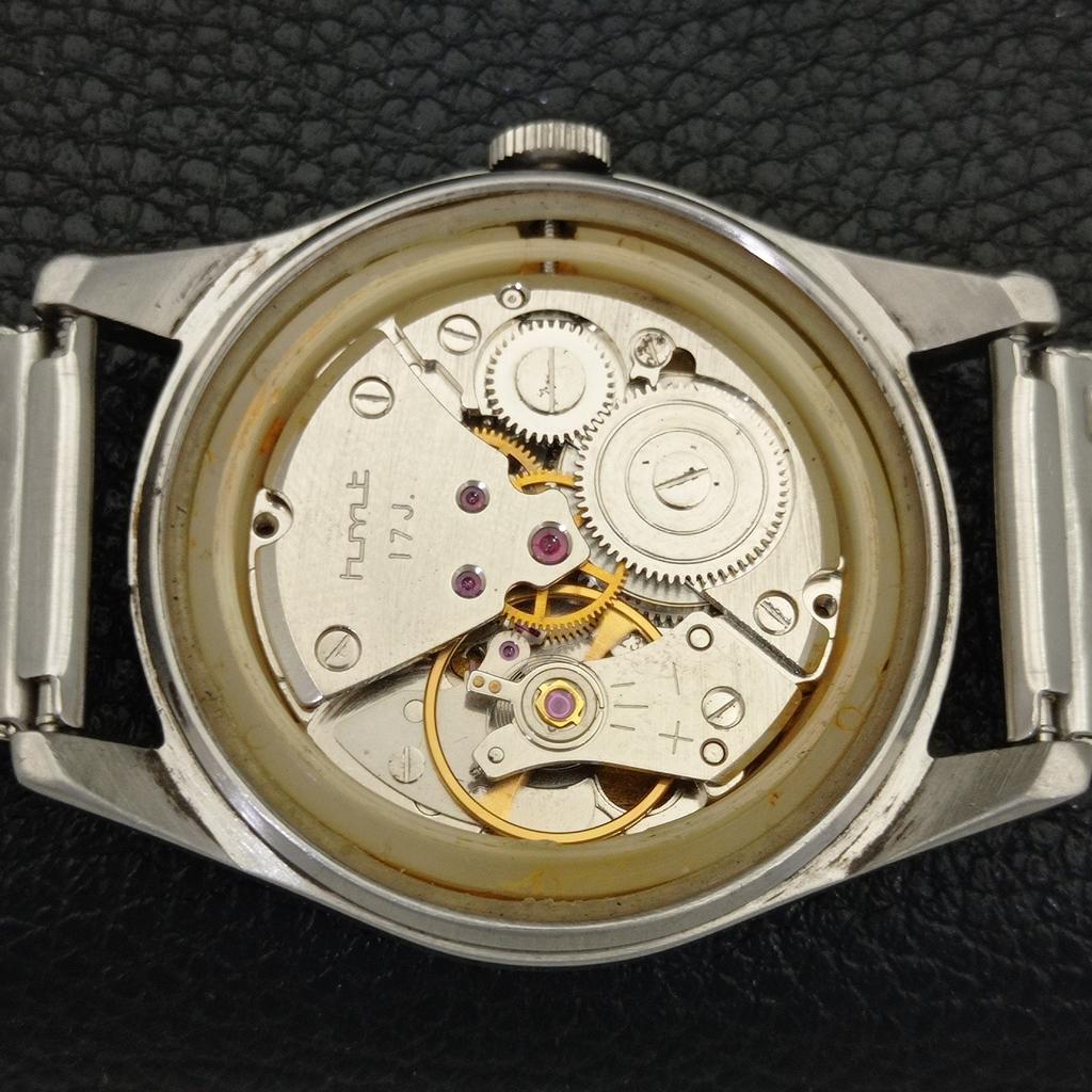 VINTAGE HMT HANDAUFZUG INDISCHE HERREN RÖMISCHE ZIFFERN SCHWARZES ZIFFERBLATT UHR a702846-1