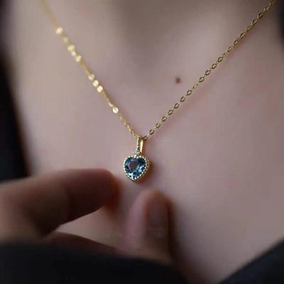 S925 Sterling Silver Necklace for Women Heart-Shaped Navy Blue Zircon Simple High-Grade Pendant Clavicle Chain for Women