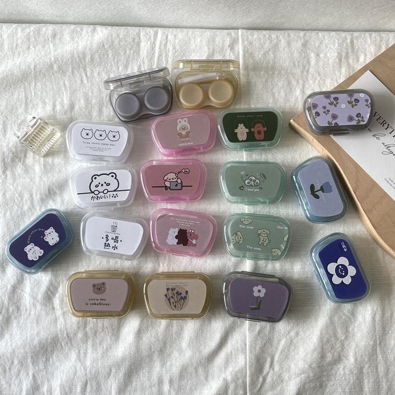 Ins with Mirror Floral Animal Printed Cute Contact Lens Box Portable Contact Lens Case Companion Box Travel Contact Lenses Case