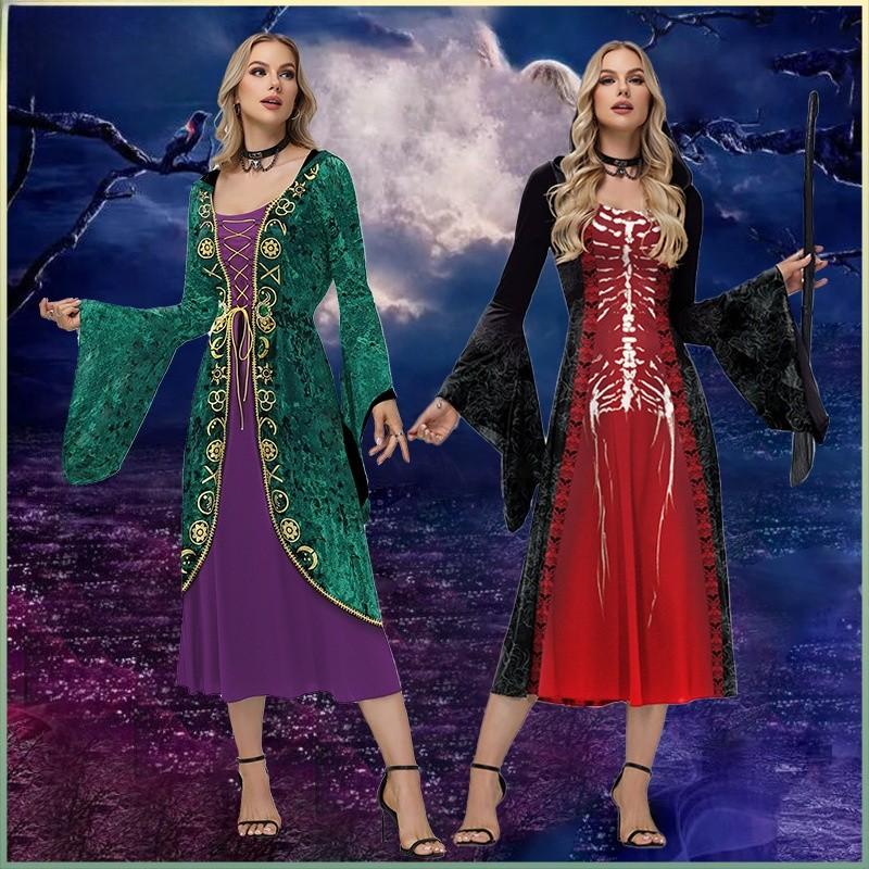 Halloween Witch Crazy Hooded Dress With Digital Print For Costume Parties