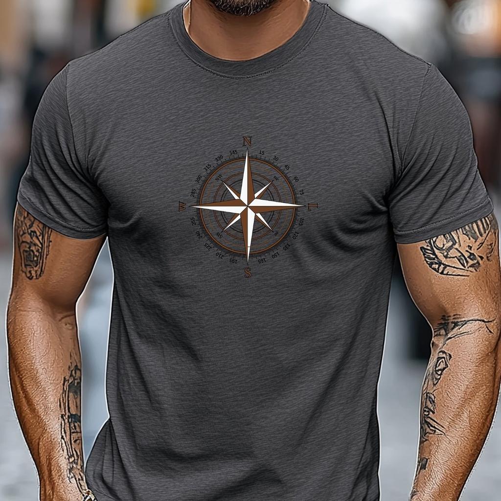 Men Maroon Casual Short Sleeve T-Shirt with White Compass Rose Graphic Regular Fit Round Comfort Men Clothing