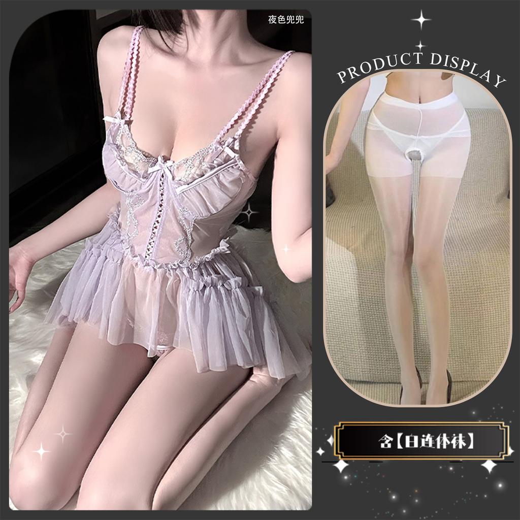 Erotic underwear French mesh sexy suspender nightdress hollow embroidery pure lace perspective girl