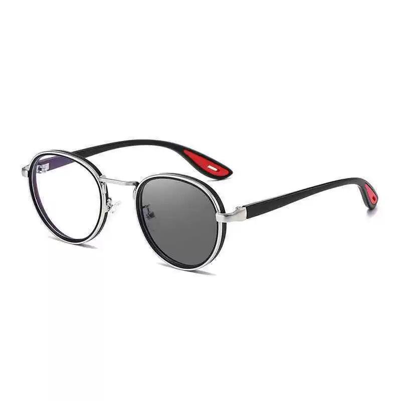 Unisex Retro Round Metal Sunglasses with Photochromic Anti-Blue Light Lenses