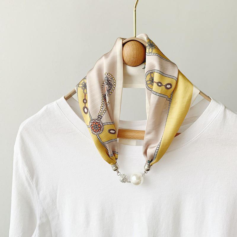 Lazy Magnetic Buckle Summer Scarf with Pearl Necklace Decoration for Women