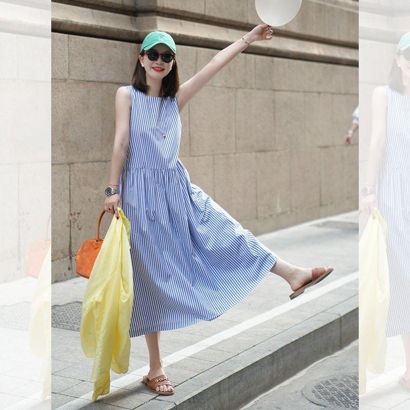 

[5.12 New Products Add Purchase First] Cool Bubble Skirt Japanese Style Artistic Stripes Plaid Patchwork Sleeveless Dress Blue and white stripes L