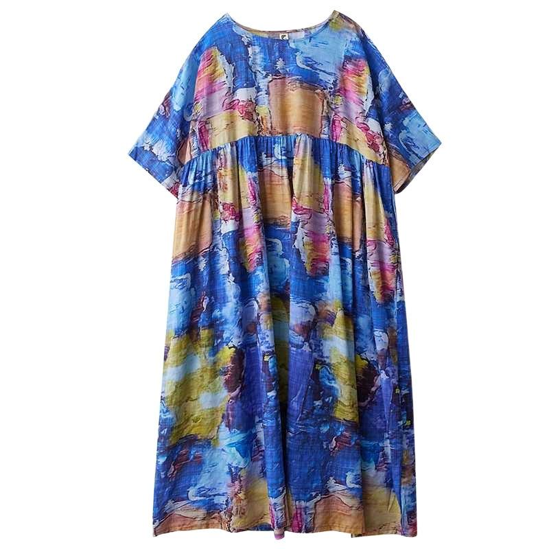 Summer New Round Neck Short Sleeve Literary Retro Casual Loose Women's Large Size Dress Middle-aged and Elderly Foreign Trade Dress
