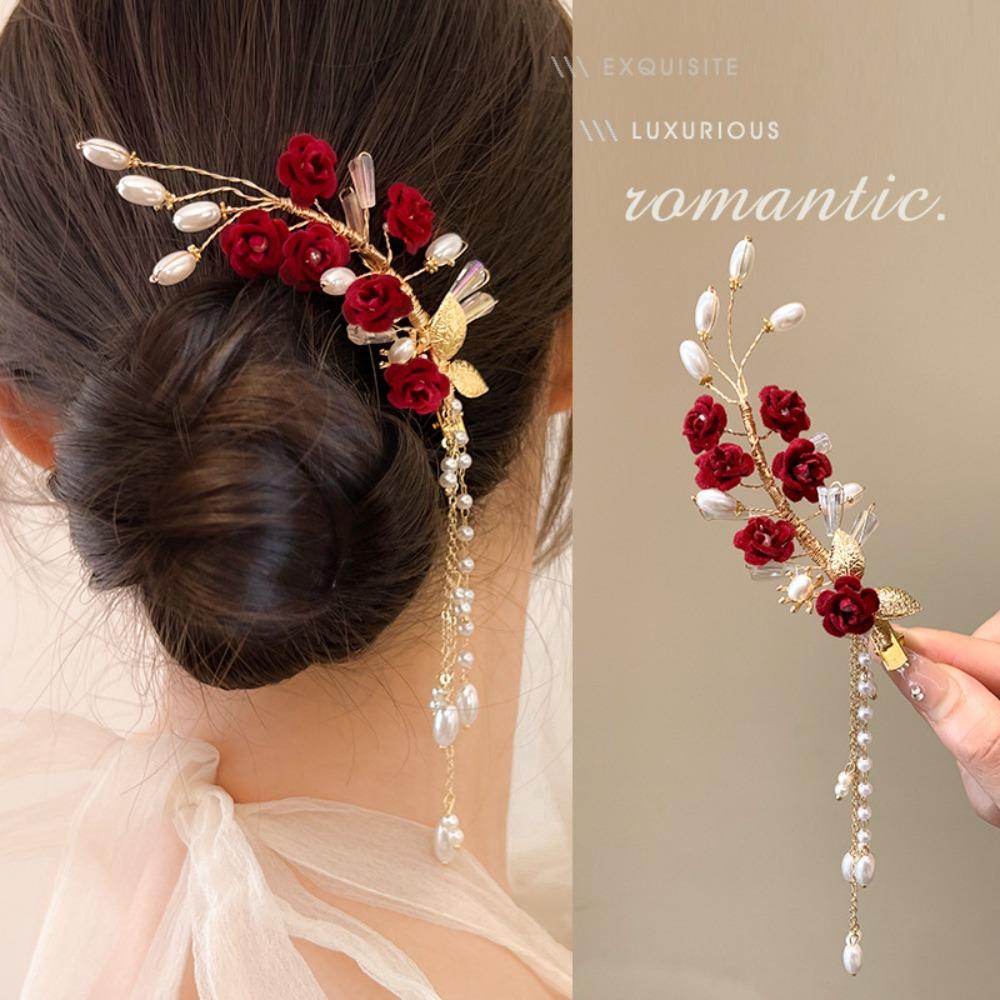 Red Bridal Headwear Pearl Wedding Hair Jewelry Exquisite Bride Tiara  Women