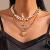 Fashion Diamond-Encrusted Cross Peach Heart-Shaped Necklace, Simple Imitation Pearl Beaded Collarbone Necklace For Women