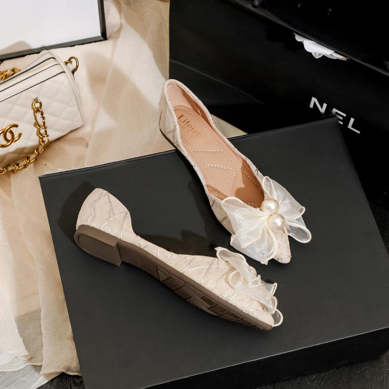 Übergröße Ballerinas für Damen Sommer Spitz Zehenbereich Perle Schleife Slipper Mädchen Slip-on Bootsschuhe Damen Schöne Sandalen