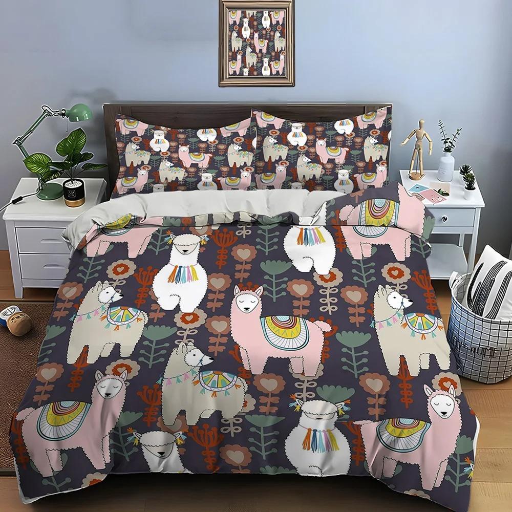 Cute Cartoon Llama Alpaca Print Bedding Set 1 Duvet Cover 1/2 Pillowcases Adult and Children Bedding Set Luxury Gifts